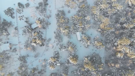 aerial overhead view of a norwegian village in the forest covered with snow