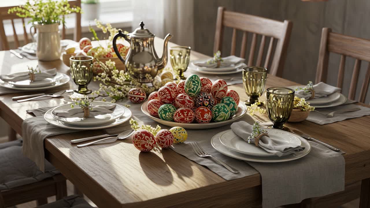 A Beautifully Set Dining Table for Celebrations Featuring Colorful Decorative Eggs and Elegant Tableware, Perfect for Festive Gatherings and Special Occasions