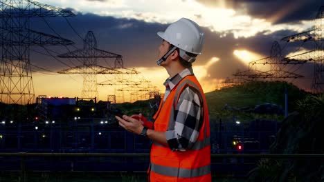 side view of asian male engineer with safety helmet using smartphone and looking around while standing near high voltage tower