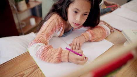 girl, writing and abacus for mathematics in book