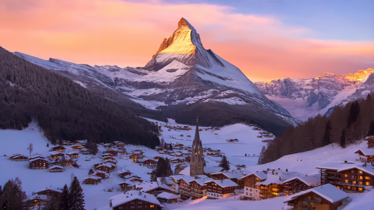 Matterhorn Mountain and Zermatt Village at Dawn in Winter