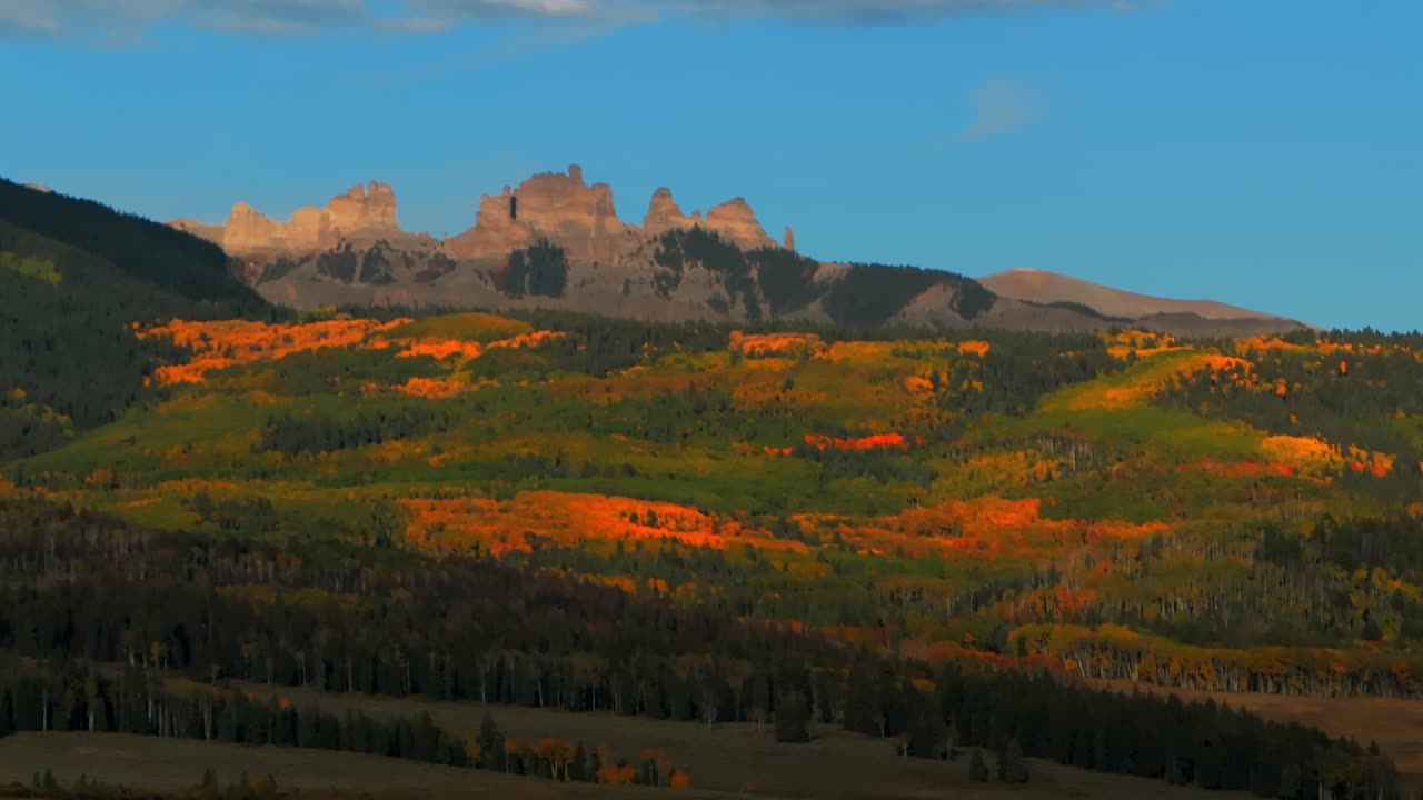 Autumn fall sunrise Mill Castle Mountain aerial drone Colorado morning clear blue sky clouds Gunnison Crested Butte Ohio Swampy Kebler Pass Mount Axtell Ohio Peak panorama landscape pan left motion