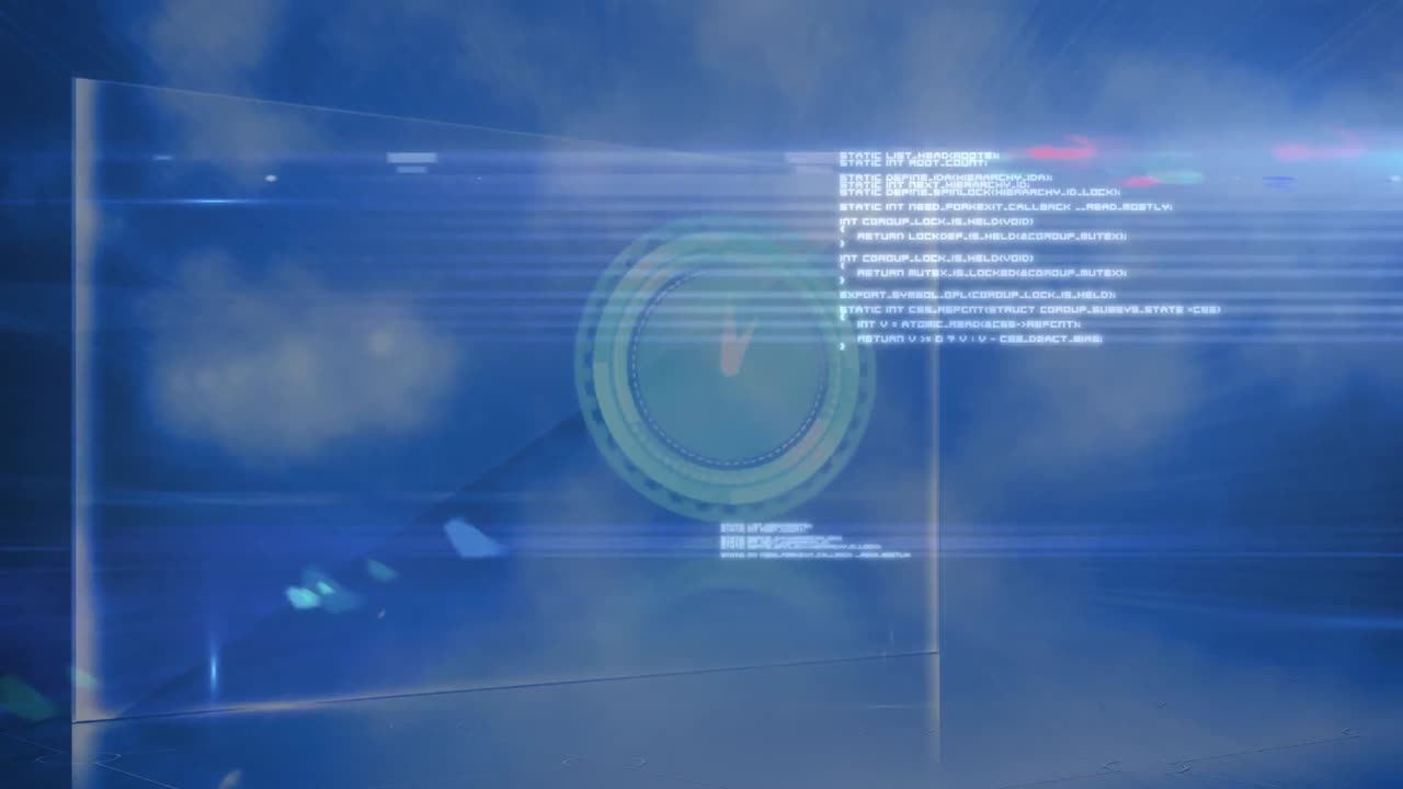 Animation of moving clock and data processing over sky