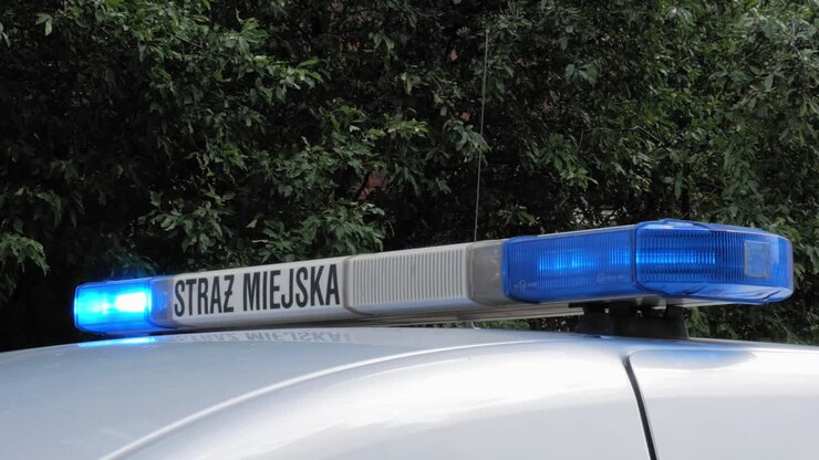Um giroflex azul piscando de carro da polícia municipal em Gdansk, Polônia