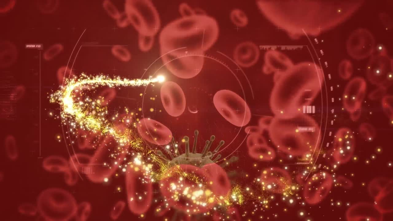 빨간색 배경에 움직이는 세포 위에 빛의 흔적의 애니메이션