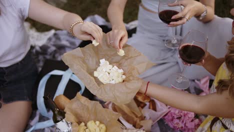 footage from the top of three girls on a picnic outdoors. drinking wine. one girl suggests a cubes cutted cheese. no faces