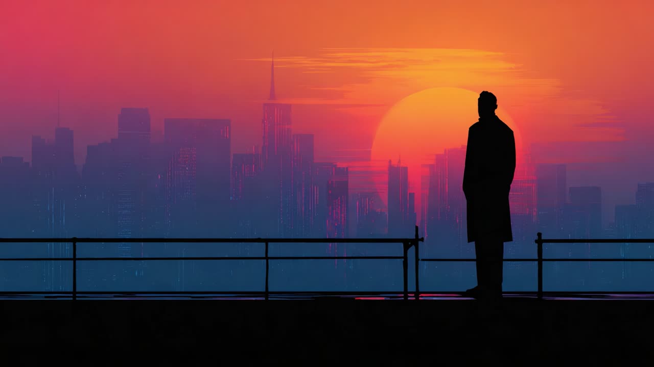 Una figura solitaria se alza sobre una vibrante puesta de sol, proyectando una larga sombra sobre el horizonte de la ciudad, creando un profundo momento de introspección y belleza