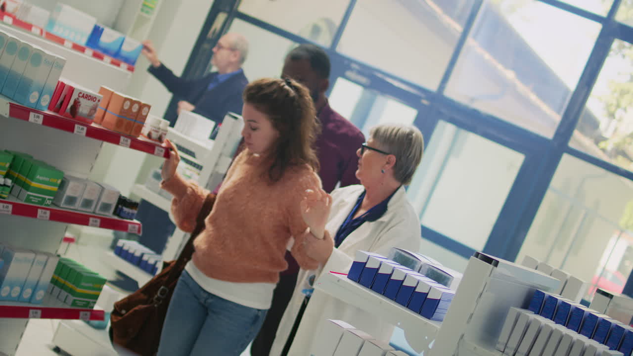 Customers interacting with a pharmacist in a pharmacy
