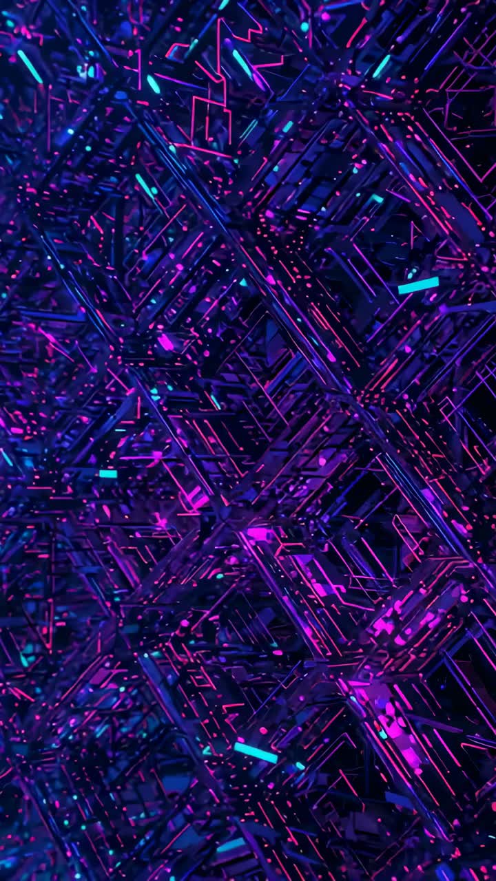 Vertical video: Shifting neon lattice in tunnel as camera tilting drawing viewer into void