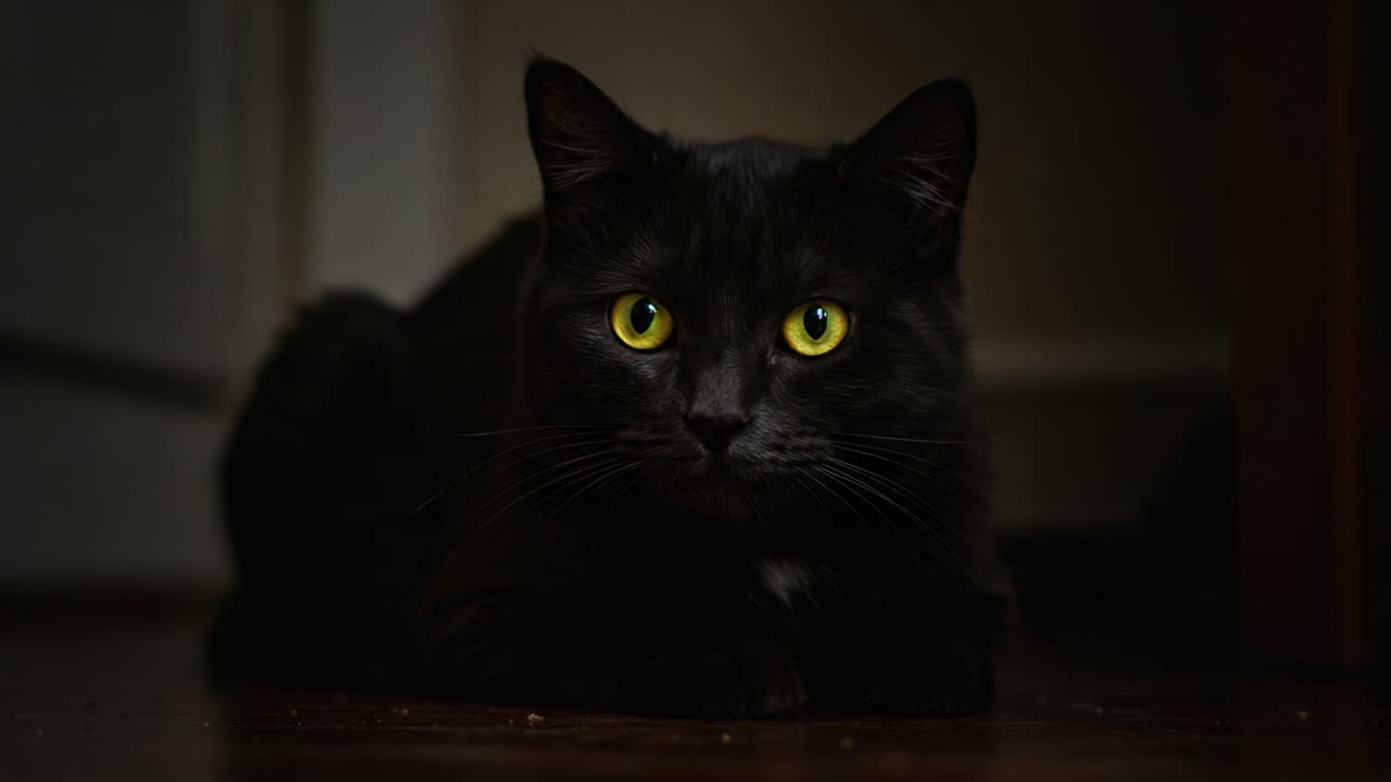 Captivating Close-Up of a Sleek, Mysterious Black Cat with Striking Yellow Eyes, Elegantly Posed Against a Dark Background in a Serene Indoor Setting
