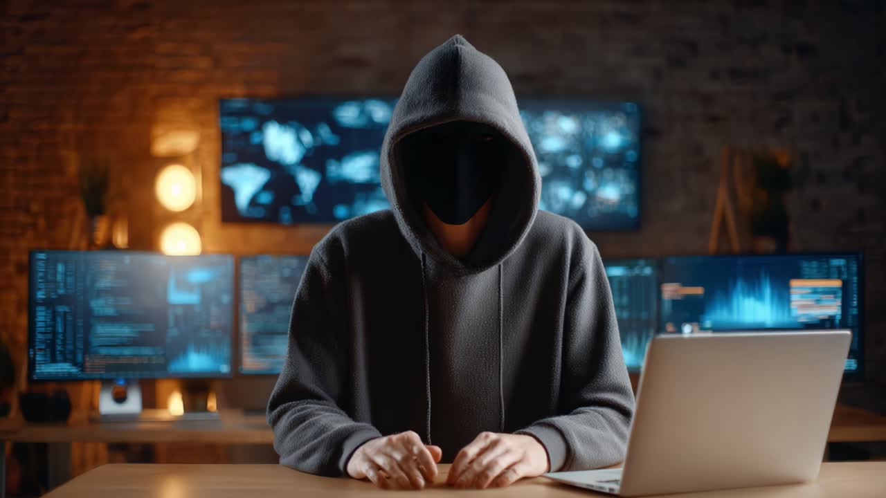 Mysterious Figure in Hooded Sweatshirt Commands Attention as They Sit Before Multiple Monitors in a Darkened Room, Embodying the Essence of Modern Cyber Intrigue and Intrusion