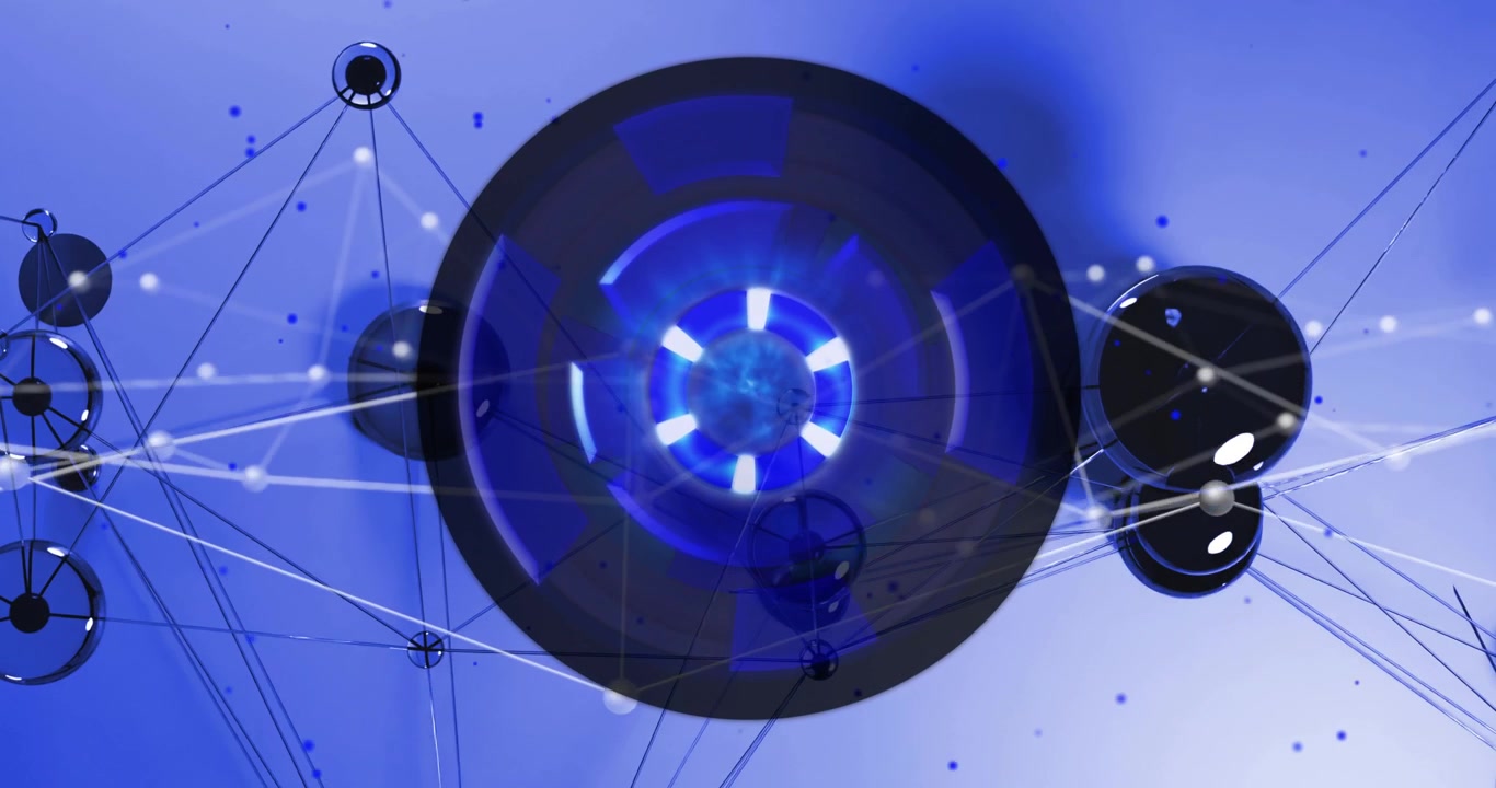 Opening close-up on glowing core, central disc pulsing and rotating while showing network links