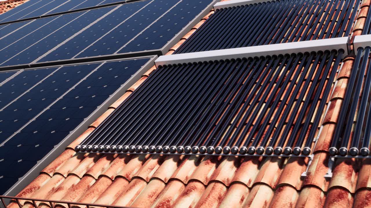 3D animation of Solar panels on the roof. Concept of clean energy, green energy, renewable energy. Alternative energy concept.