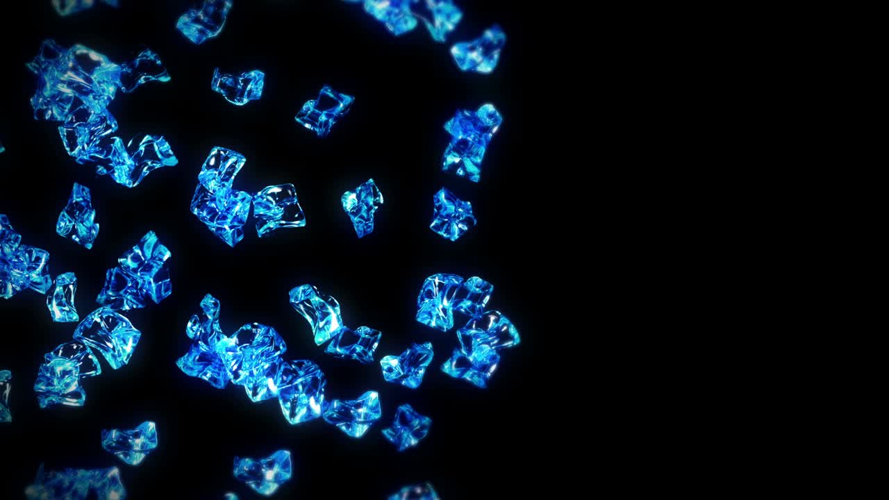 검은색 바탕에 많은 깨한 얼음 큐브를 날아. 부서진 얼음 조각, 자연 물. 부러진 얼음의 3d 애니메이션 회전. 루프 애니메이션.