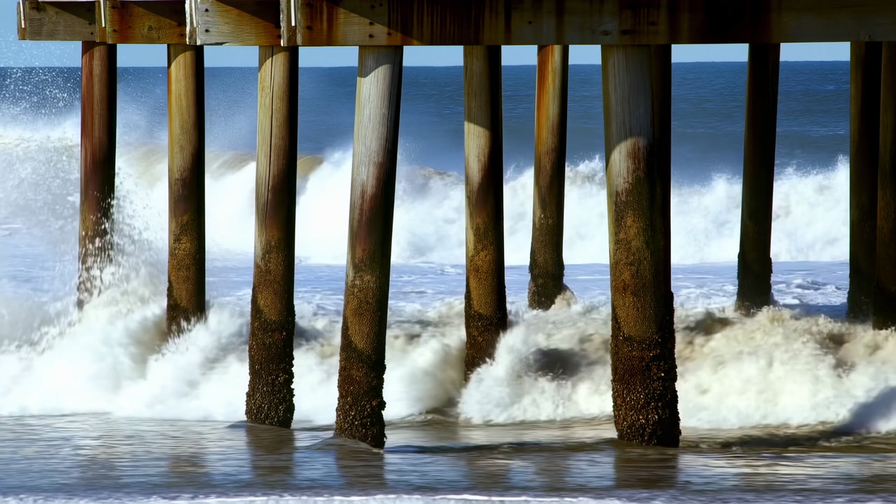 Crashing Waves Under Pier Powerful Surf Pounding Against Barnacle Covered Pillars Foamy Tide Washing Over Wet