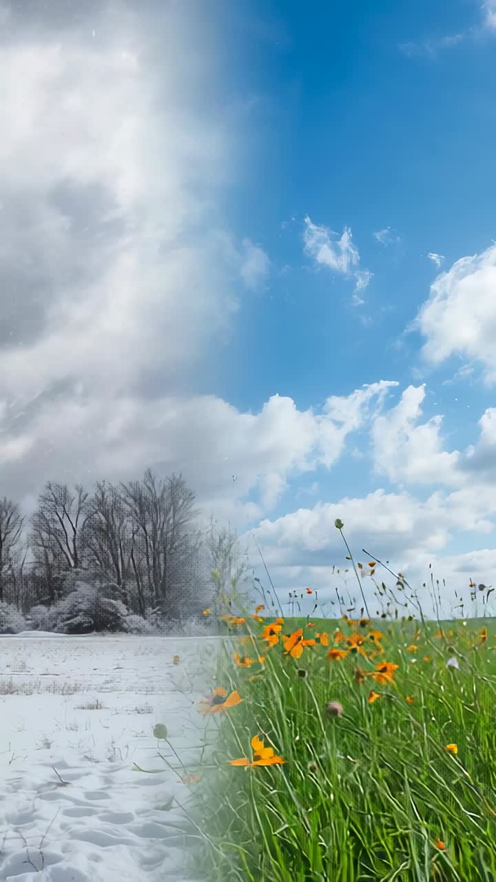 Vertical video: Animating split seam showing winter left, meadow right in field for contrast, snow