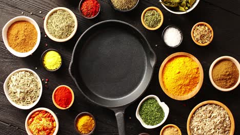 pan surrounded by bowls with spices