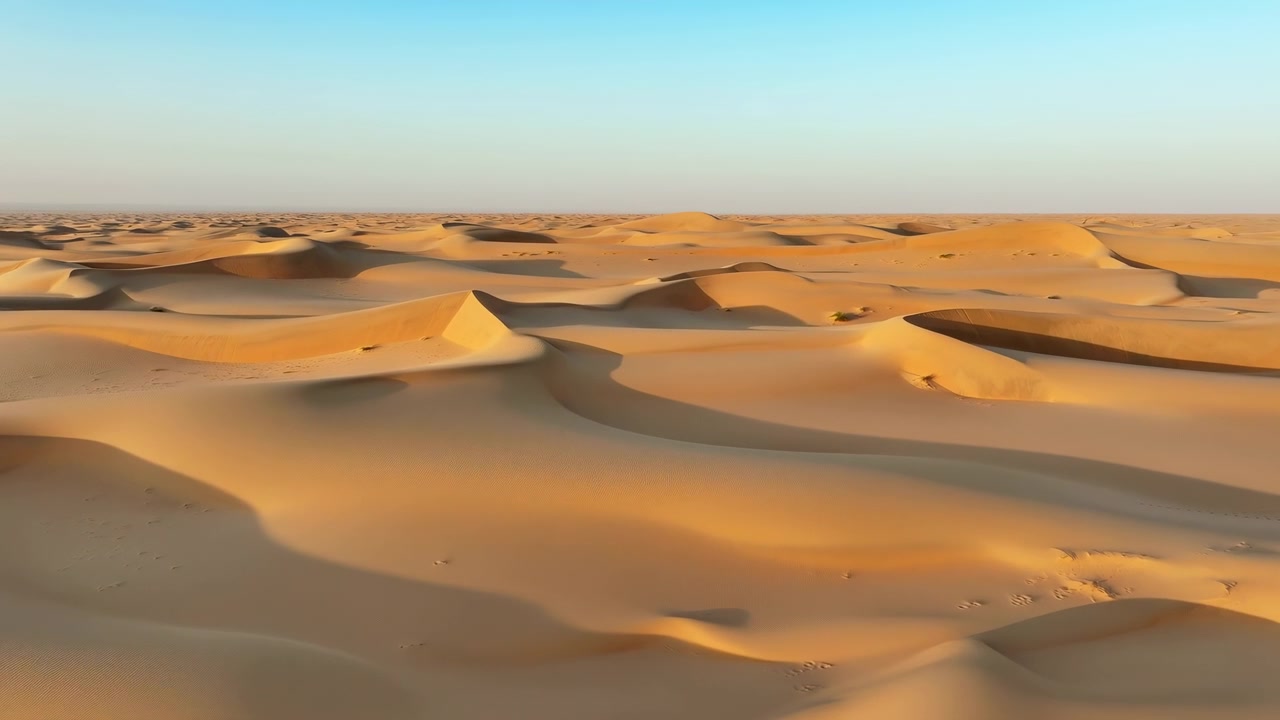 Vista elevata su un vasto campo di dune desertiche immerso nella calda luce del sole, che mostra pendii dorati, increspature modellate dal vento, lunghe ombre morbide e una tranquilla distanza arida sotto un cielo sereno, con deserto e sabbia.