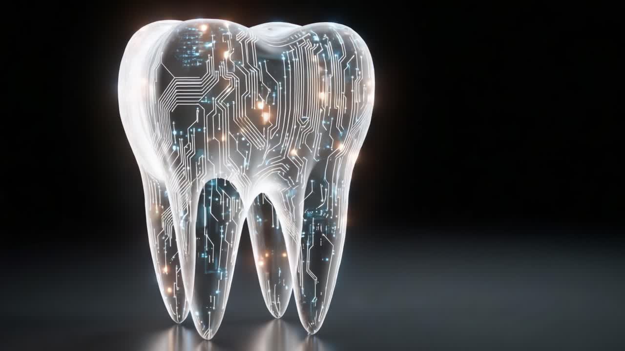 Futuristic Dental Technology: A Digital Tooth Representing Advanced Oral Care Innovations with Electronic Circuit Patterns and Illuminated Design