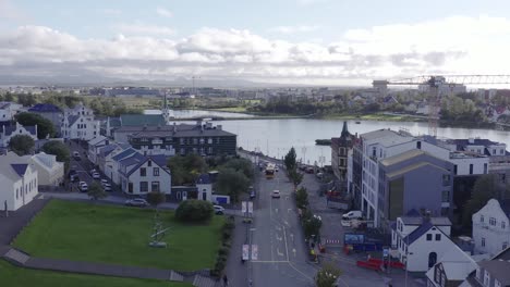 above lækjargata street in reykjavik, capital of iceland, aerial