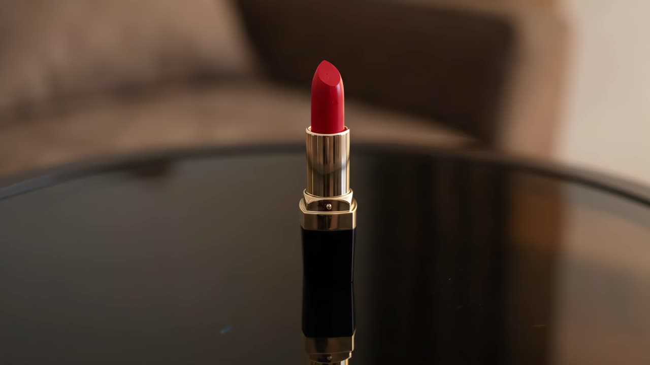 Rossetto rosso in posizione verticale su una superficie nera riflettente