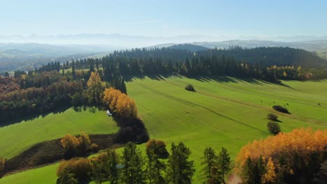 Idyllic-meadow-and-colorful-autumn-forest-by-Tatra-mountains,-Poland,-aerial