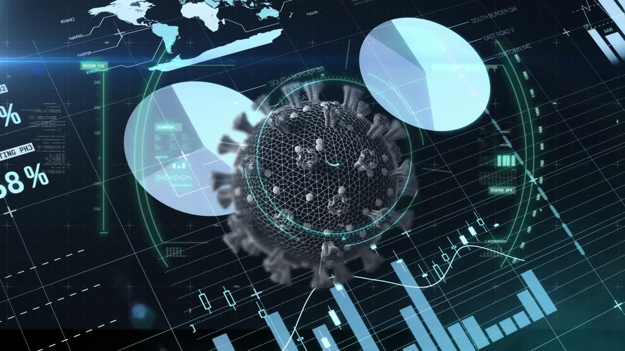 animazione della cellula virale sullo schermo con dati scientifici