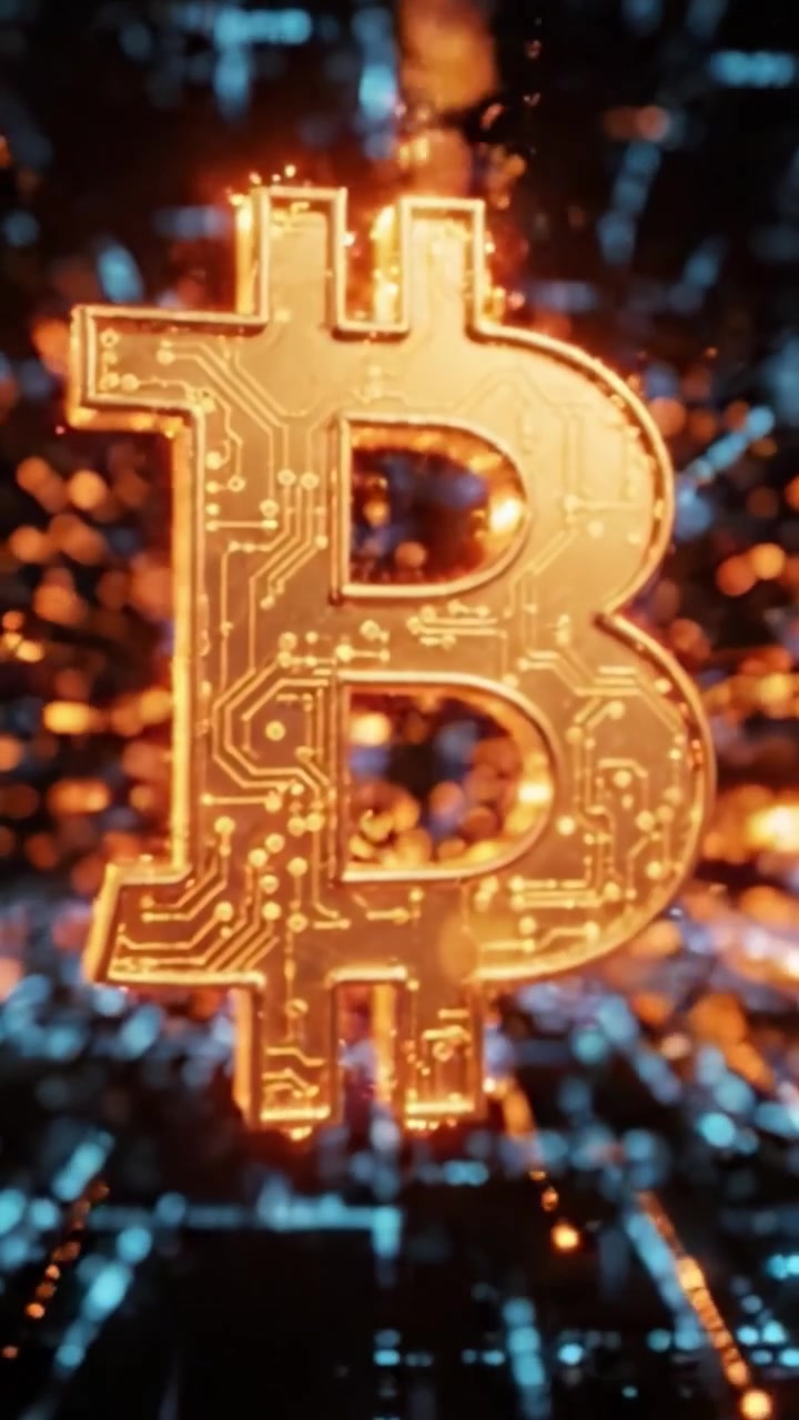 Splendida rappresentazione digitale del simbolo di criptovaluta: il logo Bitcoin in un ambiente futuristico e basato sui dati, con elementi luminosi e incandescenti e un'estetica tecnologica