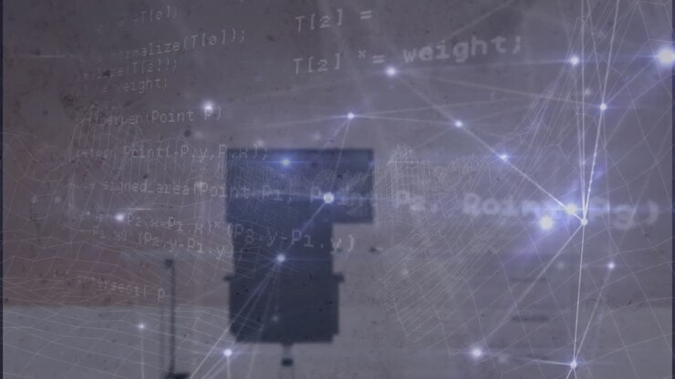 Animation of glowing network of connections and data processing against office desk
