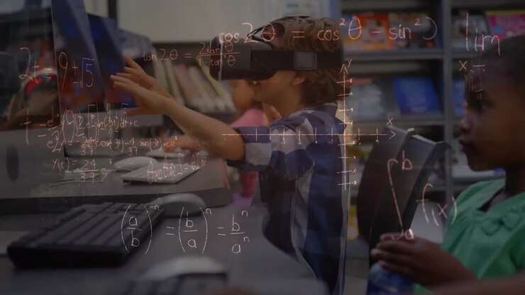 Mathematical equations floating against caucasian boy wearing vr headset at elementary school
