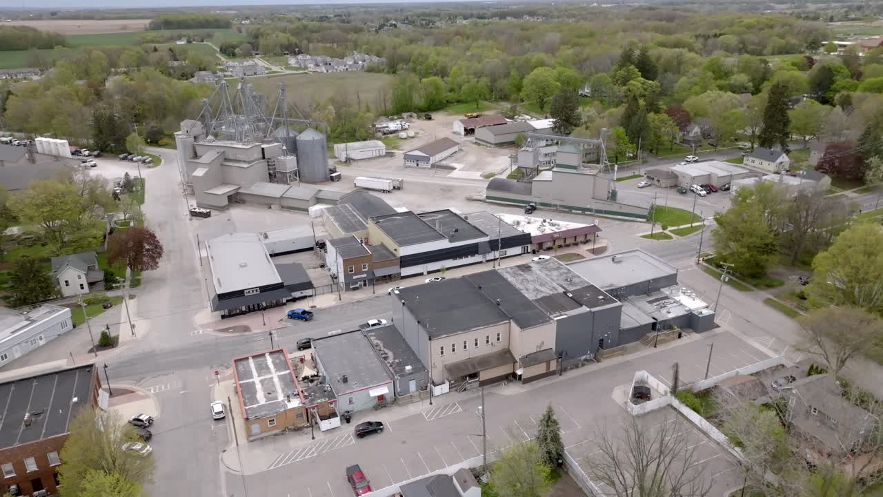 Downtown Caledonia, Michigan with drone video moving in a circle.