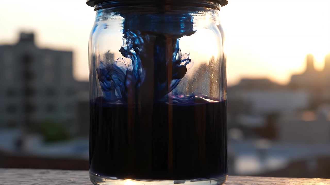 Inchiostro blu che turbina e si dissolve in un barattolo di vetro
