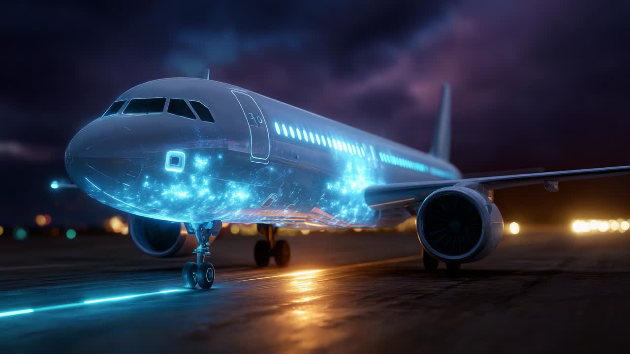 A Stunning Visualization of a Futuristic Aircraft Detailed with Illuminating Effects, Showcasing Advanced Technology and Sleek Design Against a Lively Night Sky with Glowing Elements on the Runway
