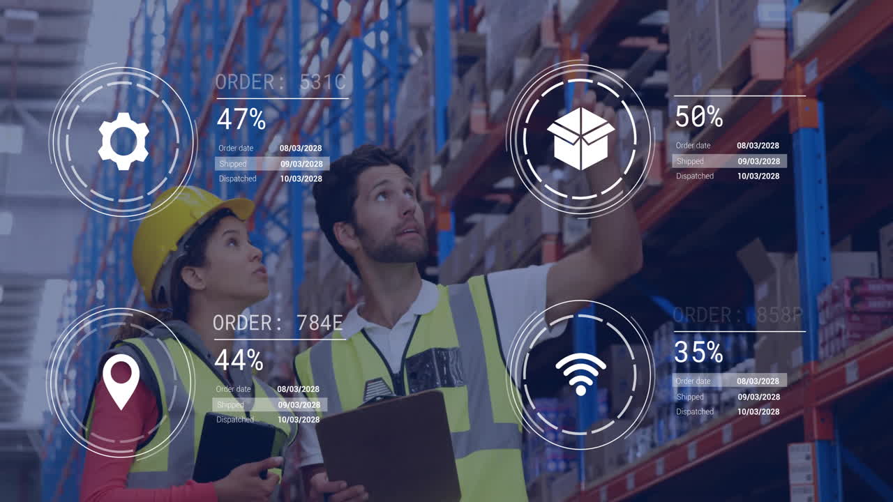 animación de iconos y procesamiento de datos sobre diversas personas que trabajan en la oficina