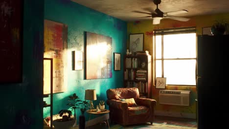 a cozy, sunlit living space featuring vibrant wall colors and artistic decor, perfect for relaxation and inspiration in a burst of color and light
