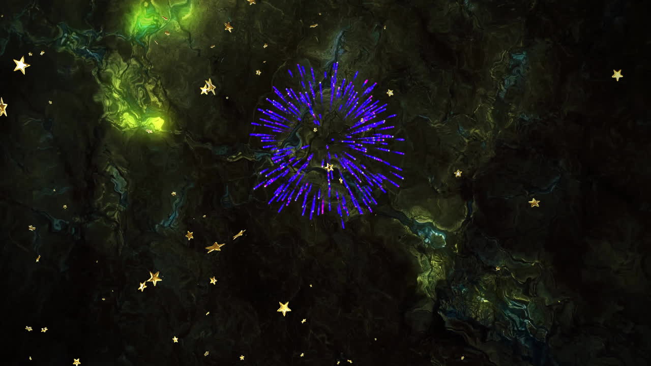 Central purple starburst glowing in flat design swirling cosmic background, scattered golden stars