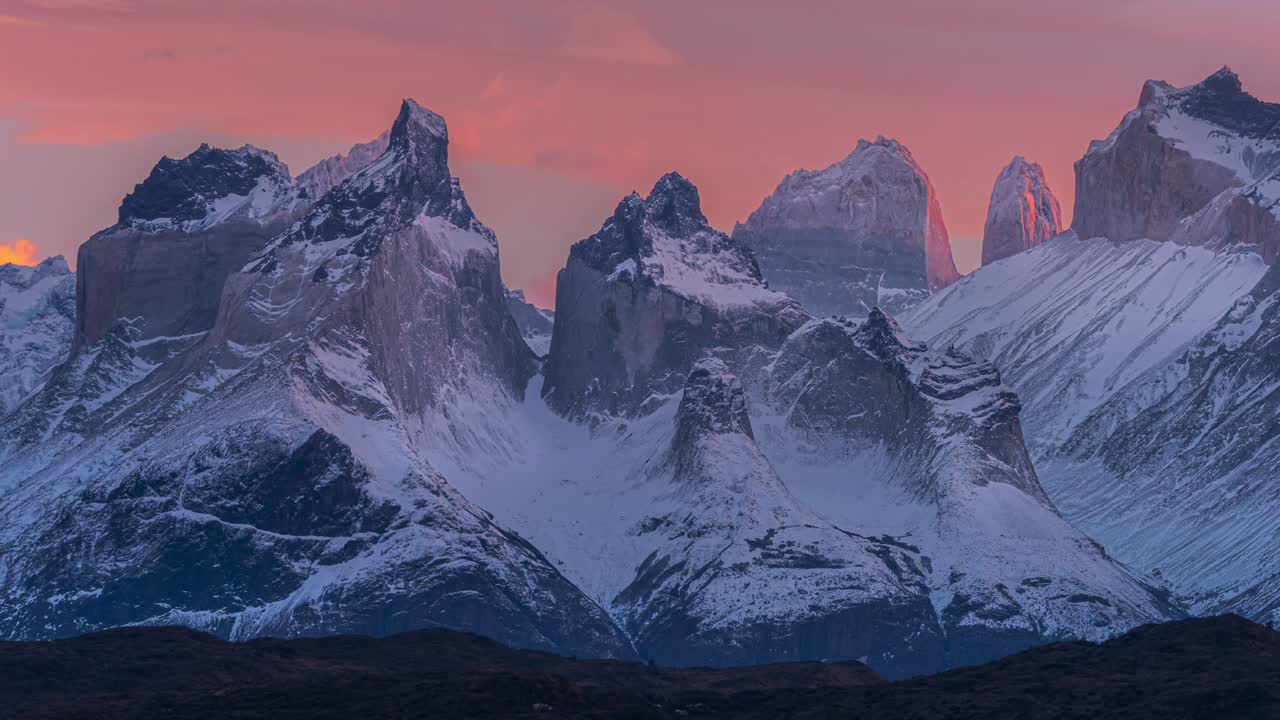 Vibrant Sunset colors over Torres del Paine National Park, Patagonia, Timelapse