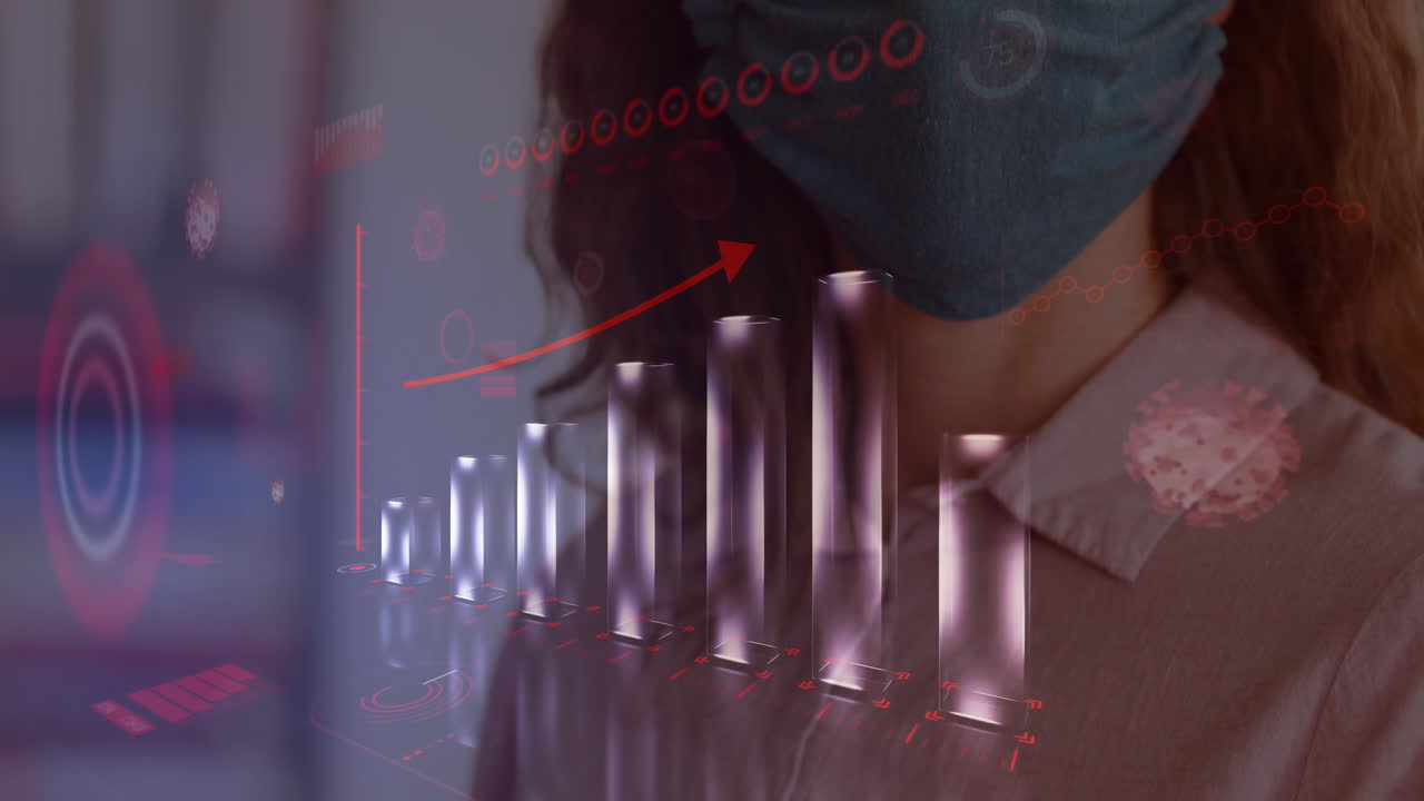 y gráfico de bacterias de coronavirus volando sobre la mujer con máscara.