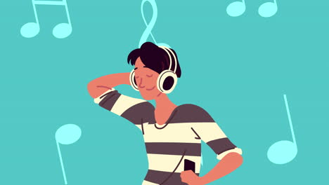 young man listening music with notes pattern