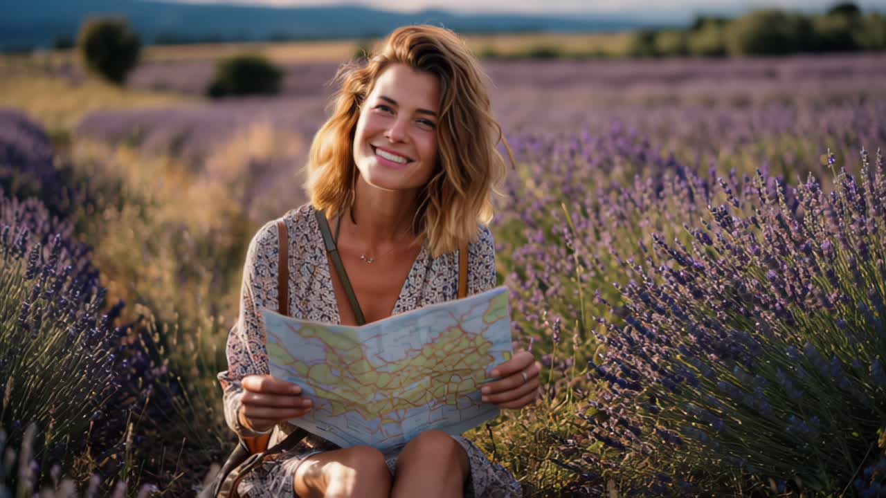 Filmato di una giovane donna felice seduta tra la lavanda in fiore, che tiene in mano una mappa cartacea e guarda la fotocamera, ambientazione di campagna soleggiata, concetto di viaggio e vacanza.