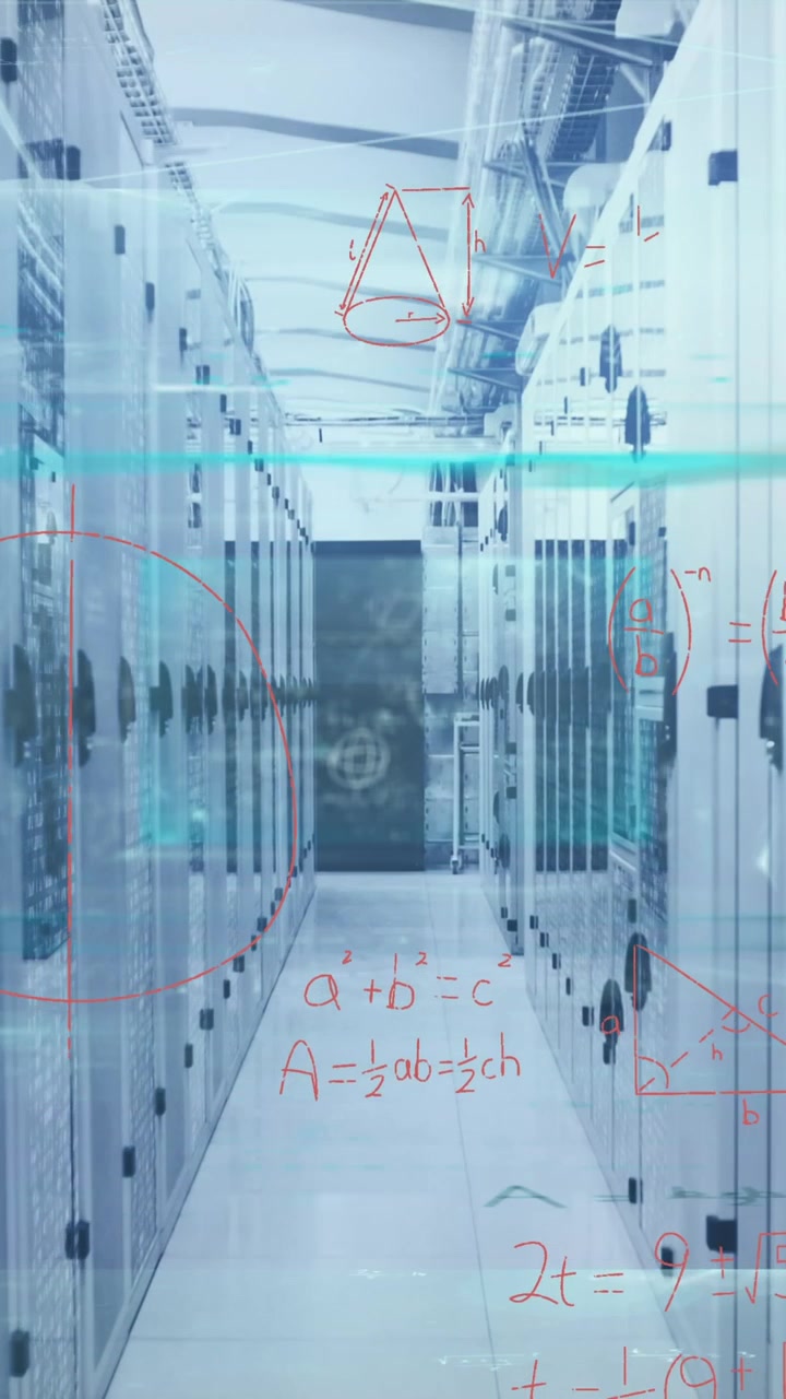 Animation of processing data and maths calculations over computer server room