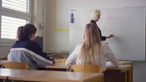 Female-student-raising-hand-and-answering-a-teacher-question,-handheld-shot