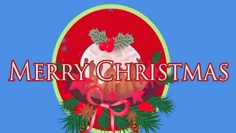 animation of merry chrismas text over cake and fir tree branches