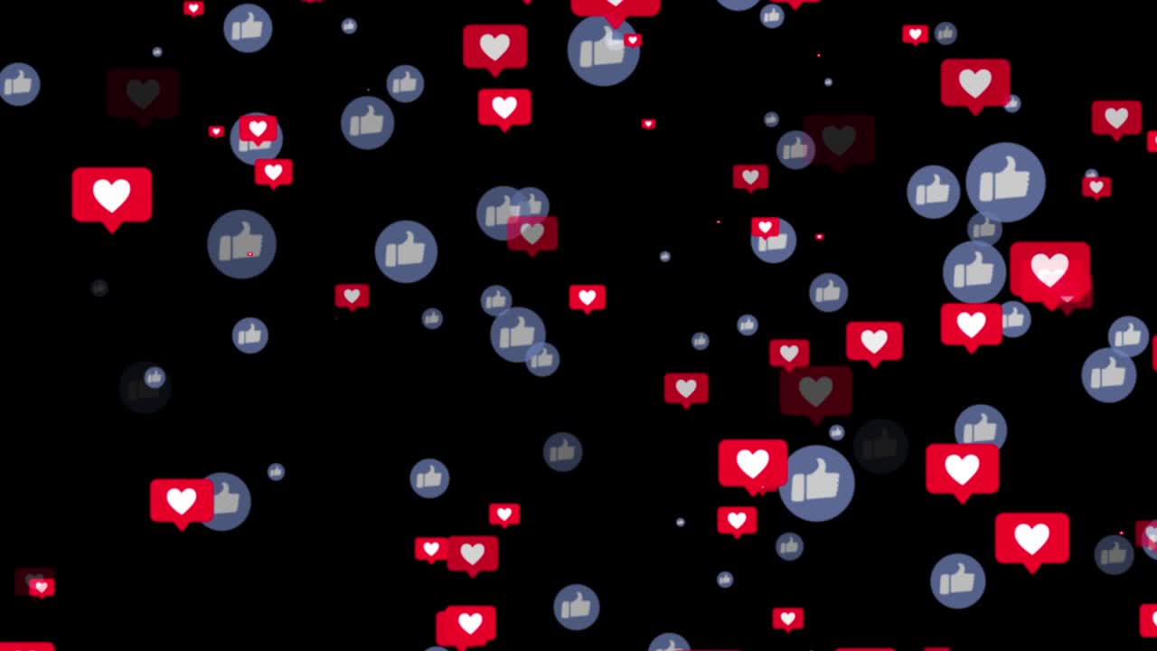 Likes social media icons floating. 4k particle animation on black background