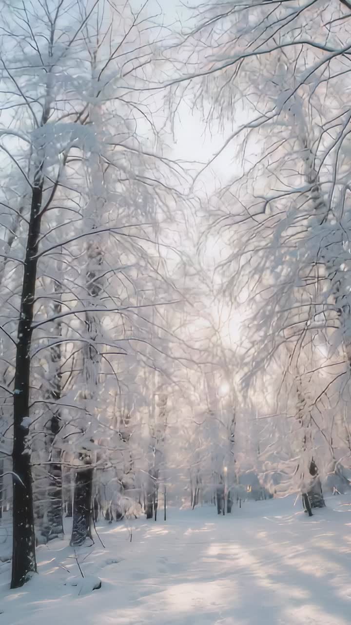 Vertikal video: Kameraet vippes og viser frostbelagte stammer i en smal sti, som avslører tretopper og blek himmel