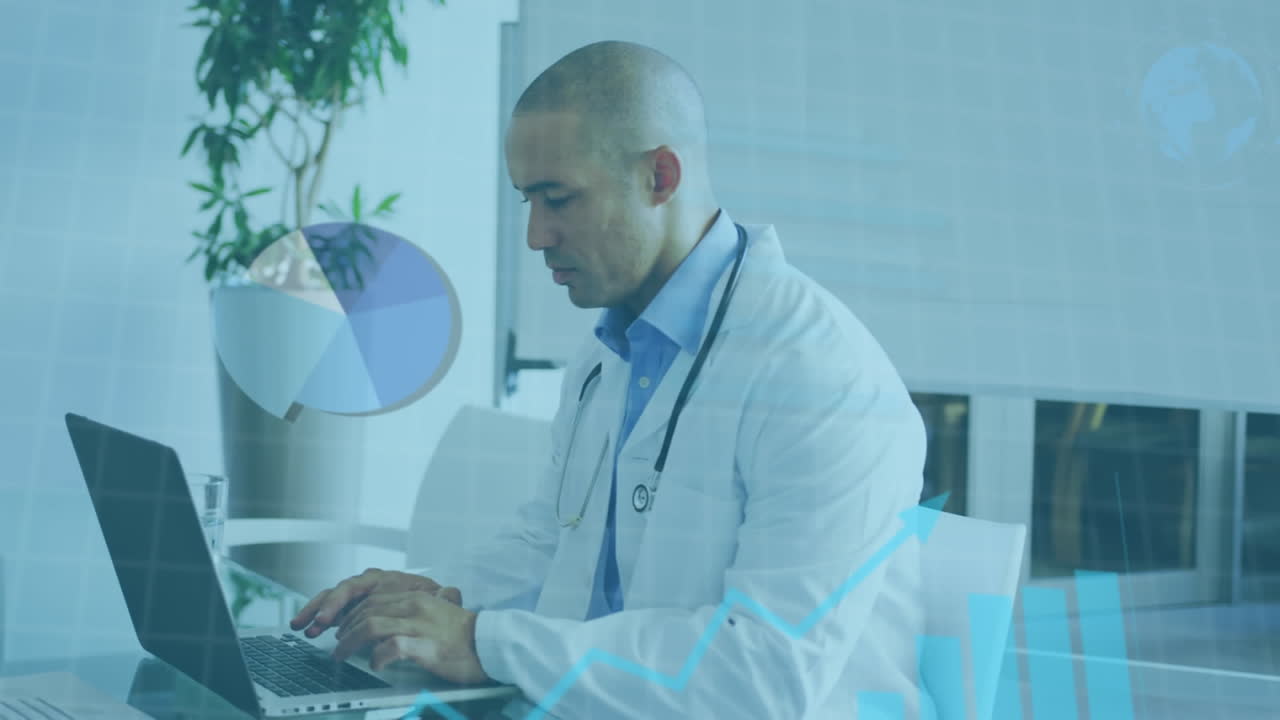 animación de procesamiento de datos estadísticos contra un médico masculino biracial usando una computadora portátil en el hospital