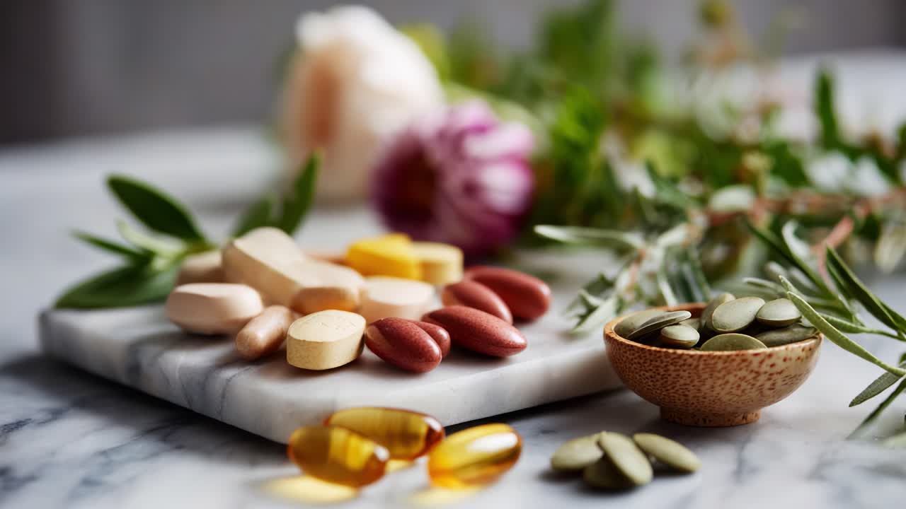 Aesthetic Arrangement of Vitamins, Supplements, and Herbal Ingredients on a Marble Surface with Floral Accents in a Bright Indoor Setting