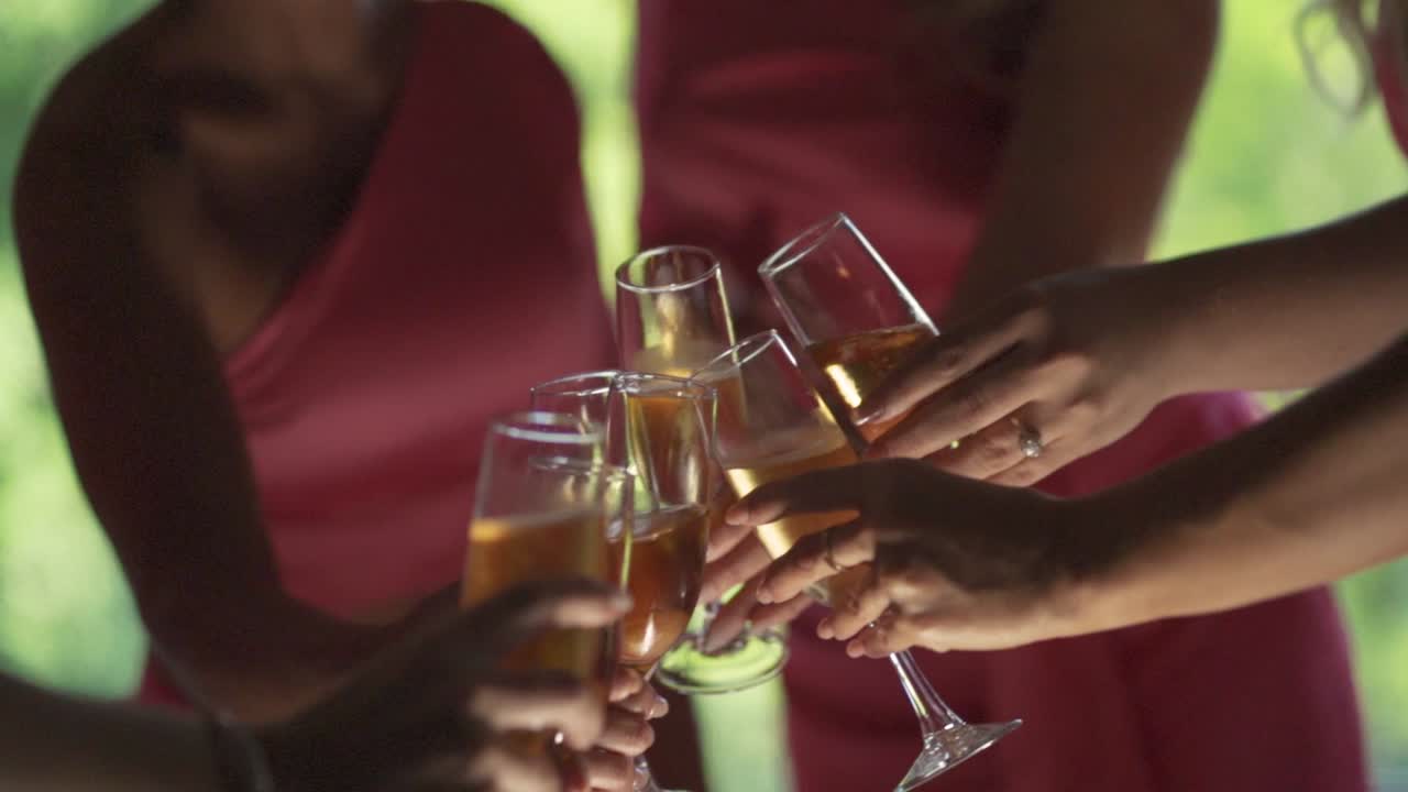 un grupo de mujeres sostienen sus vasos de champán en un brindis durante una boda