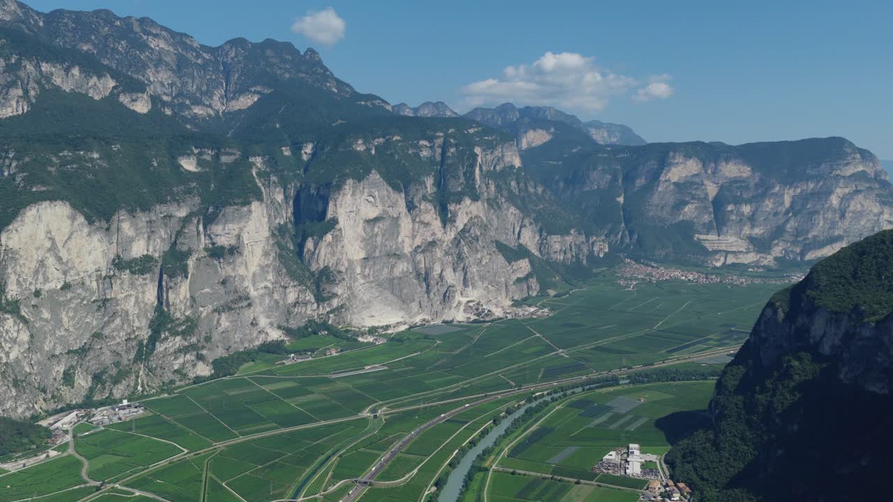 Lush vineyards in Trentino's Dolomites under bright blue sky