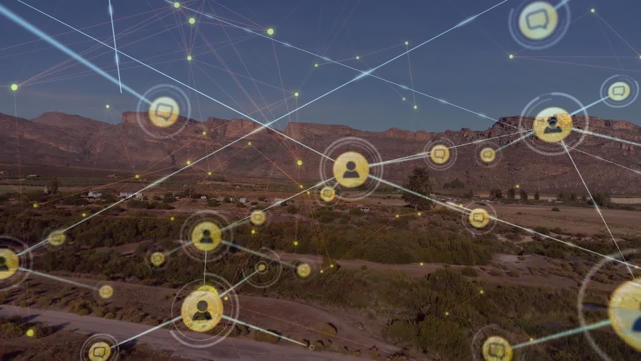 animación de la red de conexiones con iconos sobre el paisaje